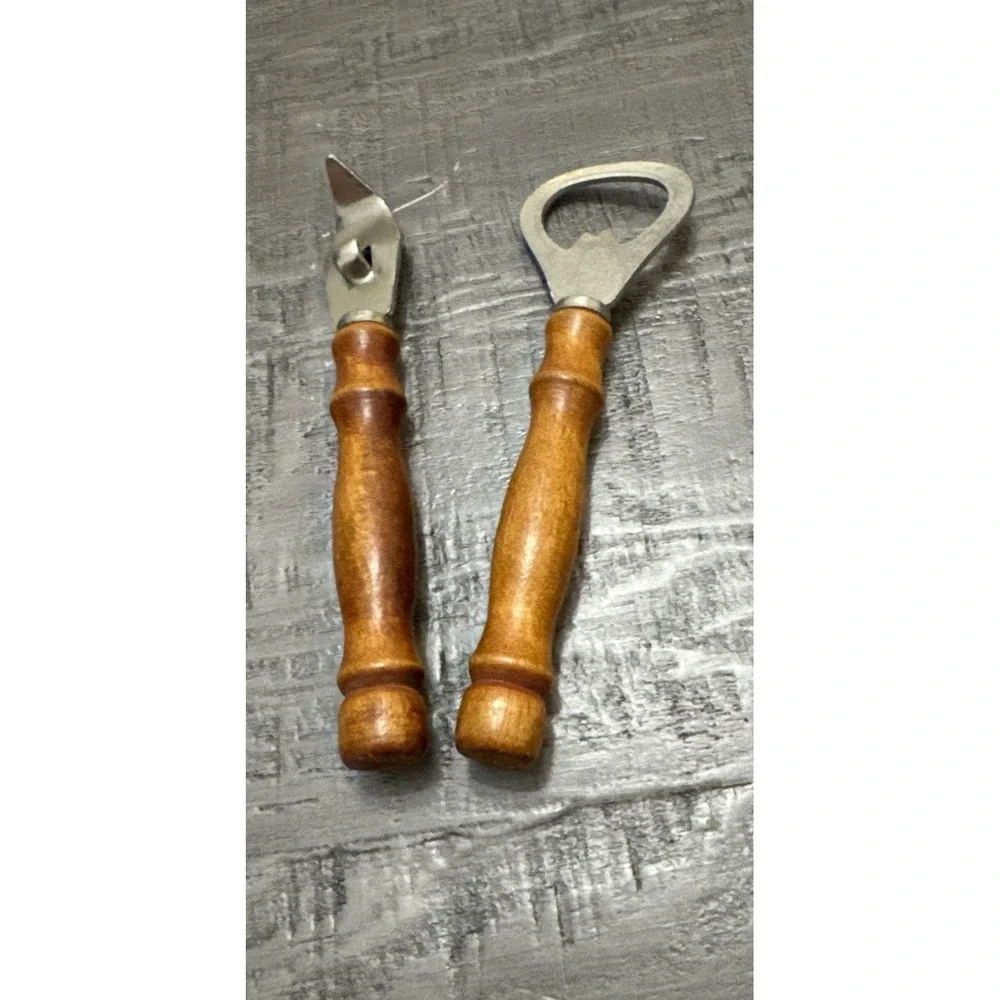 Vintage Wooden Handle Bottle Opener & Can Piercer Set Mid Century‎ Barware